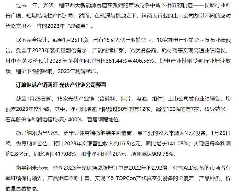 新能源行业2023年业绩分化：光伏预喜 锂电承压