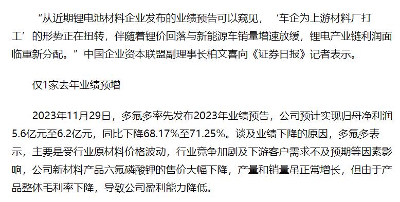 多家锂电池材料企业去年业绩承压 产业链利润正重新分配